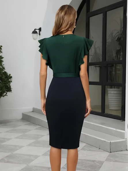 Kadın Kısa Kollu Kruvaze Yaka Beli Kuşaklı Blok Desenli Ithal Krep Elbise - Resim 2