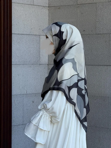 Pamuklu Vera Desen Eşarp-Siyah/Gri