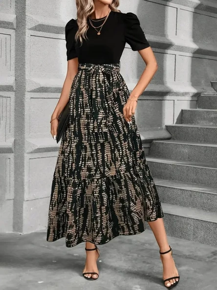 Kadın Kısa Kollu Bisiklet Yaka üst Ithal Krep Alt Süprem Maksi Boy Elbise ürün görseli