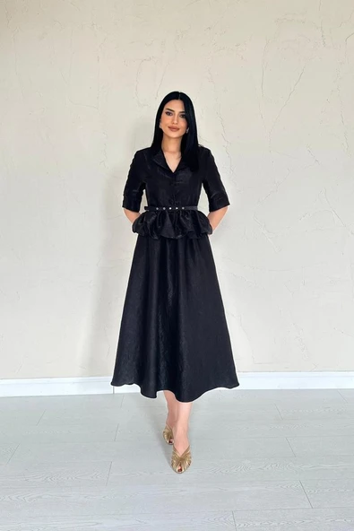 Siyah İnce Kemerli Fırfırlı Ceket Ve Büzgülü Etek Takım - Resim 3