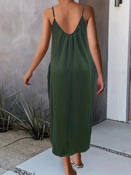 Kadın Ip Askılı Geniş V Yakalı Viskon Elbise - Resim 2