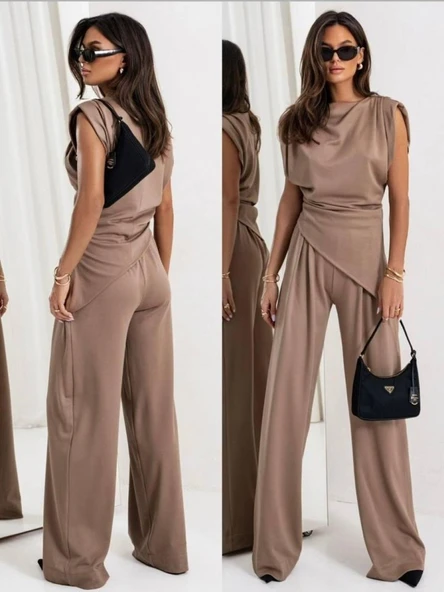 Kadın Dalgıç Kumaş Sıfır Kol Bluz Ve Bol Kesim Pantolon Ikili Takım - Resim 4