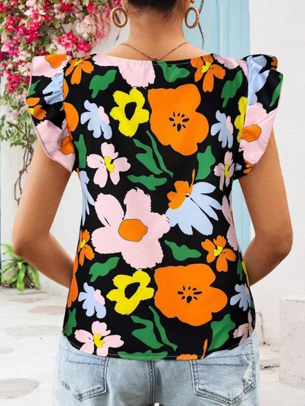 Kadın Kısa Fırfır Kollu Kare Yaka çiçek Desenli Ithal Keten Bluz - Resim 2