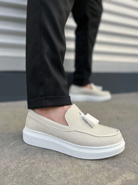 JY154 Blaze Bağcıksız Püsküllü Keten Erkek Günlük Spor Klasik Ayakkabı KBT - Beyaz ürün görseli