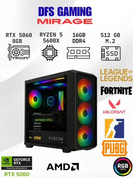 DFS Gaming MIRAGE RYZEN 5 5600X-B550M-RTX 5060 8GB-16GB RAM-512GB M.2 SSD-OYUNCU BİLGİSAYARI ürün görseli
