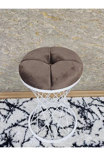 Yuvarlak Beyaz Boyalı Puf Oturak - Bench - Ayak Ucu Oturak - Beyaz Boyalı Tabure - Makyaj Oturak Kahverengi Renk Yuvarlak Boyut/Ebat - 4