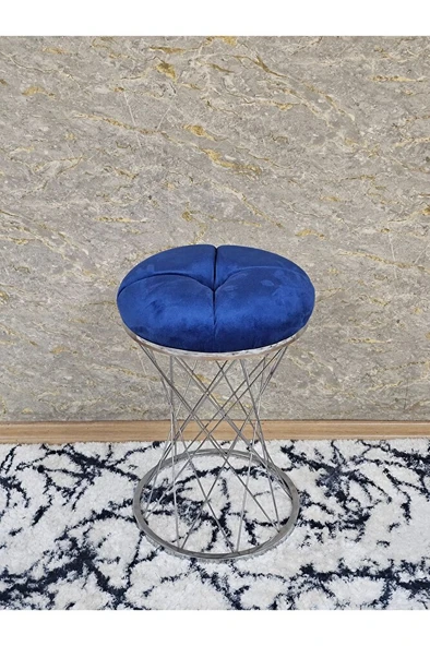 Yuvarlak Krom Kaplama Puf Oturak - Bench - Ayak Ucu Oturak - Tabure - Makyaj Oturak Mavi Renk Yuvarlak Boyut/Ebat ürün görseli 1
