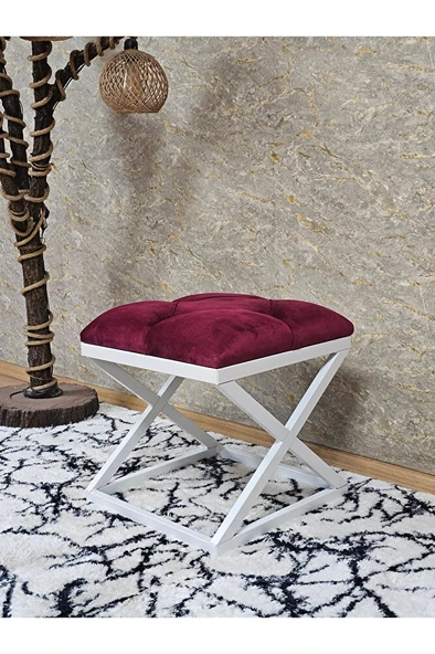 Beyaz Boyalı 45 cm x 45 cm Çaprazlı Puf Bench Oturak Bordo Renk 45 x 45 Boyut/Ebat ürün görseli