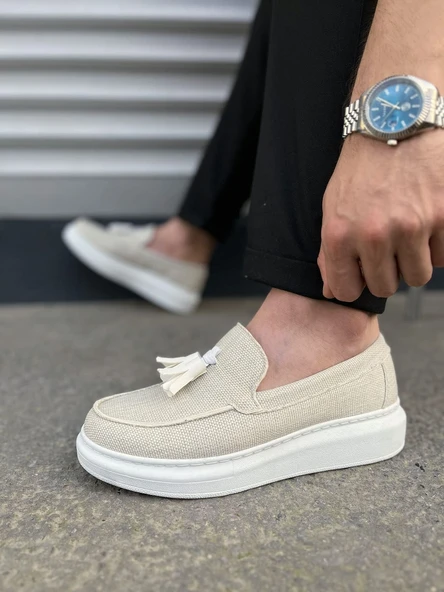 JY154 Blaze Bağcıksız Püsküllü Keten Erkek Günlük Spor Klasik Ayakkabı KBT - Beyaz - Resim 3