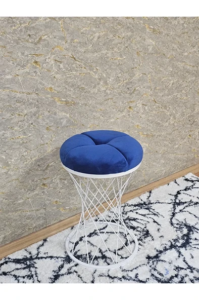 Yuvarlak Beyaz Boyalı Puf Oturak - Bench - Ayak Ucu Oturak - Beyaz Boyalı Tabure - Makyaj Oturak Mavi Renk Yuvarlak Boyut/Ebat - Resim 2