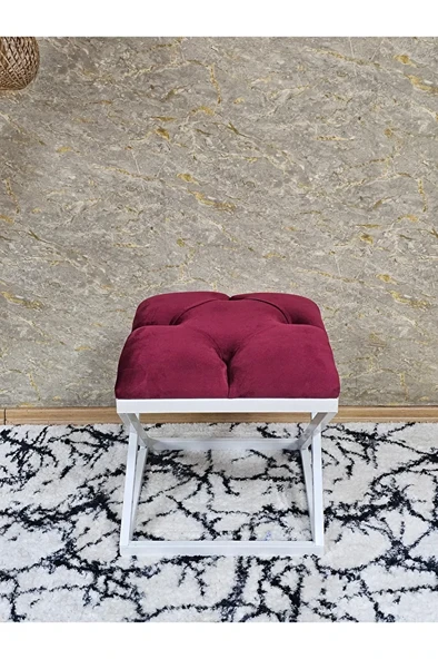 Beyaz Boyalı 45 cm x 45 cm Çaprazlı Puf Bench Oturak Bordo Renk 45 x 45 Boyut/Ebat - Resim 2