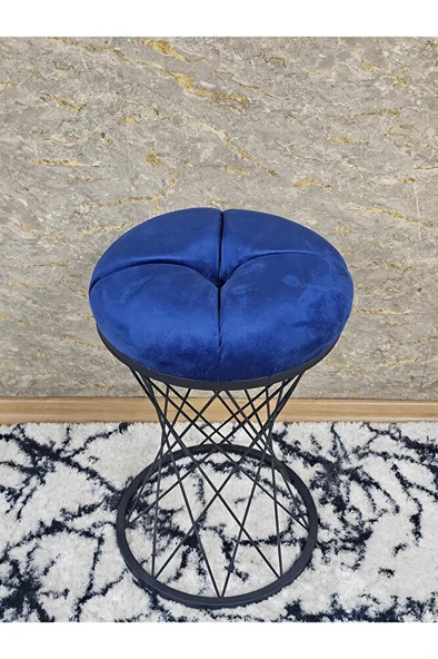 Yuvarlak Siyah Boyalı Puf Oturak - Bench - Ayak Ucu Oturak - Tabure - Makyaj Oturak Mavi Renk Yuvarlak Boyut/Ebat - Resim 4