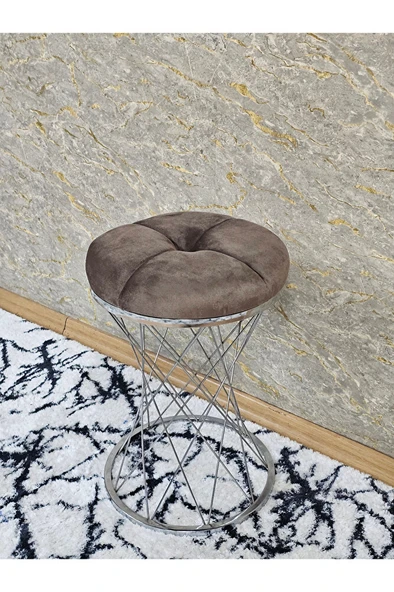 Yuvarlak Krom Kaplama Puf Oturak - Bench - Ayak Ucu Oturak - Tabure - Makyaj Oturak Kahverengi Renk Yuvarlak Boyut/Ebat - Resim 3