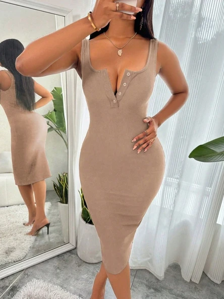 Kadın Askılı önü Düğmeli Midi Kaşkorse Elbise ürün görseli