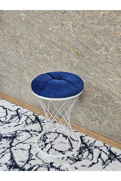 Yuvarlak Beyaz Boyalı Puf Oturak - Bench - Ayak Ucu Oturak - Beyaz Boyalı Tabure - Makyaj Oturak Mavi Renk Yuvarlak Boyut/Ebat - Resim 3