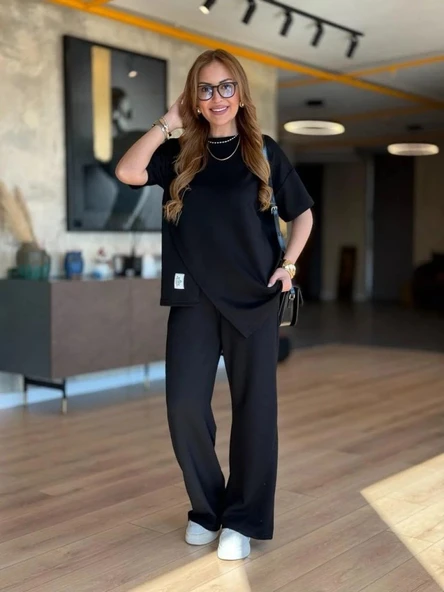 Kadın Kısa Kollu Bisiklet Yaka Asimetrik Viskon Iki Iplik Bluz Ve Pantolon Ikili Takım - Resim 5