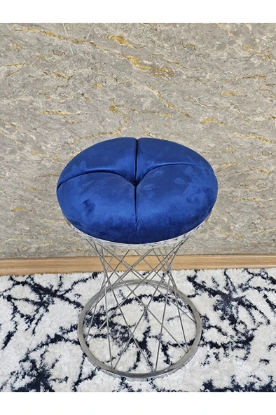 Yuvarlak Krom Kaplama Puf Oturak - Bench - Ayak Ucu Oturak - Tabure - Makyaj Oturak Mavi Renk Yuvarlak Boyut/Ebat - Resim 4