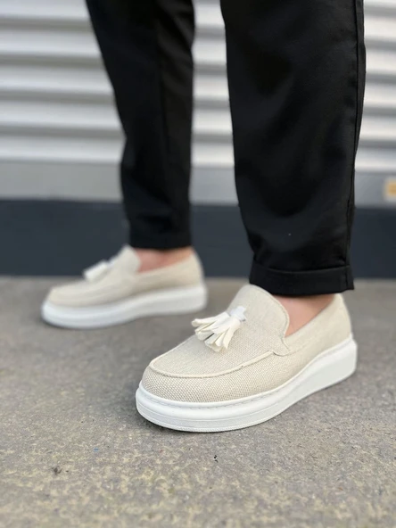 JY154 Blaze Bağcıksız Püsküllü Keten Erkek Günlük Spor Klasik Ayakkabı KBT - Beyaz - 2