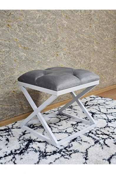 Beyaz Boyalı 45 cm x 45 cm Çaprazlı Puf Bench Oturak Gri Renk 45 x 45 Boyut/Ebat - Resim 3