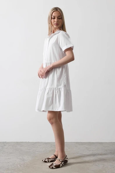 Kısa Kol Düğmeli Elbise - Beyaz - Resim 2