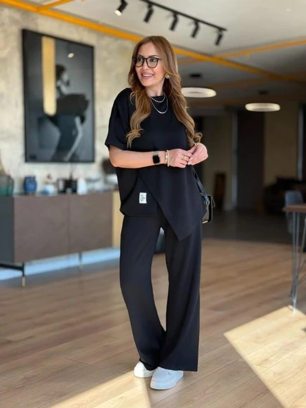 Kadın Kısa Kollu Bisiklet Yaka Asimetrik Viskon Iki Iplik Bluz Ve Pantolon Ikili Takım - Resim 3