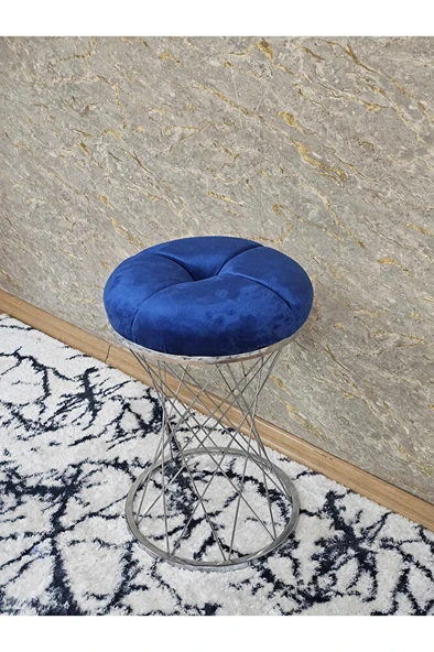 Yuvarlak Krom Kaplama Puf Oturak - Bench - Ayak Ucu Oturak - Tabure - Makyaj Oturak Mavi Renk Yuvarlak Boyut/Ebat - Resim 3