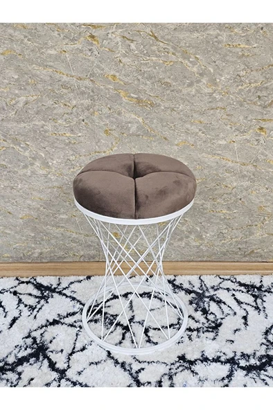 Yuvarlak Beyaz Boyalı Puf Oturak - Bench - Ayak Ucu Oturak - Beyaz Boyalı Tabure - Makyaj Oturak Kahverengi Renk Yuvarlak Boyut/Ebat