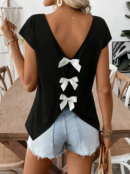 Kadın Kısa Kollu V Yakalı Arkadan Kurdele Detaylı Viskon Bluz - Resim 3