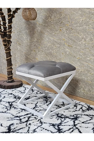 Beyaz Boyalı 45 cm x 45 cm Çaprazlı Puf Bench Oturak Gri Renk 45 x 45 Boyut/Ebat ürün görseli