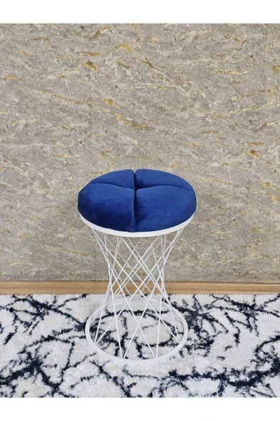 Yuvarlak Beyaz Boyalı Puf Oturak - Bench - Ayak Ucu Oturak - Beyaz Boyalı Tabure - Makyaj Oturak Mavi Renk Yuvarlak Boyut/Ebat ürün görseli