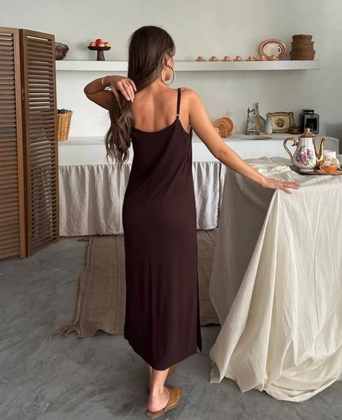 Kadın Siyah Asansör Askılı Çift Yırtmaçlı Helen Elbise - Resim 4