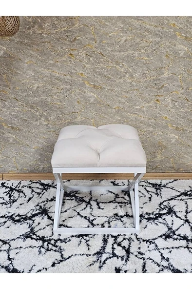 Beyaz Boyalı 45 cm x 45 cm Çaprazlı Puf Bench Oturak Krem Renk 45 x 45 Boyut/Ebat - Resim 2