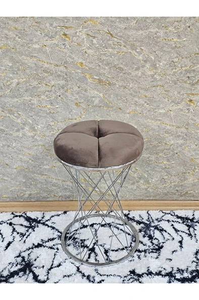 Yuvarlak Krom Kaplama Puf Oturak - Bench - Ayak Ucu Oturak - Tabure - Makyaj Oturak Kahverengi Renk Yuvarlak Boyut/Ebat ürün görseli 1