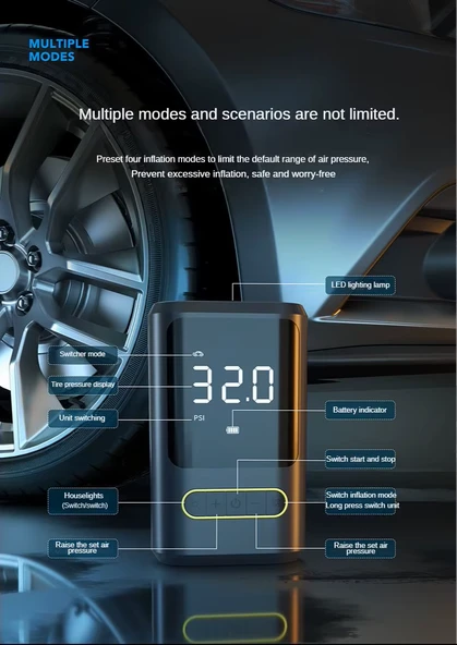 Gimp Taşınabilir Göstergeli Güç Bankası USB & Type-C, El Feneri, Flaşör, Araç Lastik Hava Pompası - 3