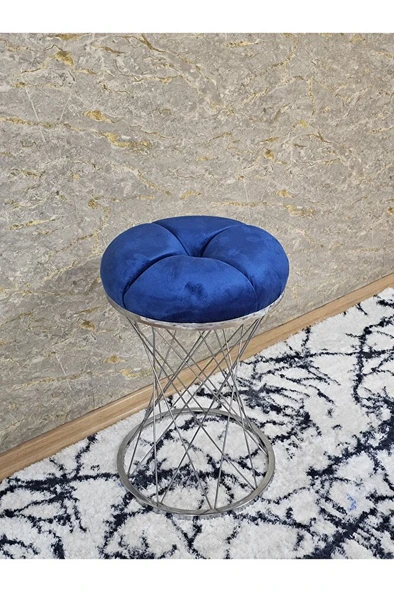Yuvarlak Krom Kaplama Puf Oturak - Bench - Ayak Ucu Oturak - Tabure - Makyaj Oturak Mavi Renk Yuvarlak Boyut/Ebat - Resim 2