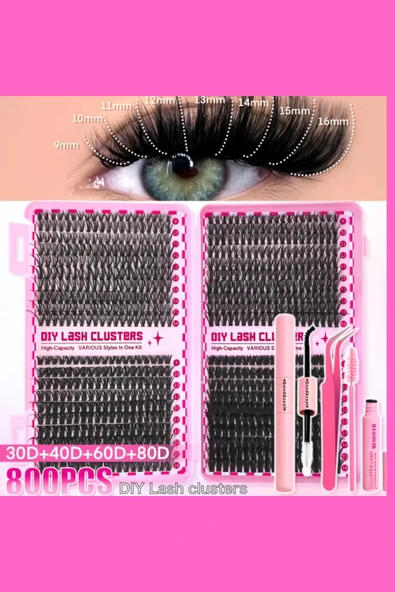 800 Parça Kendin Yap Sahte Kirpik Seti – 9-16mm Küme Kirpikler, Cımbız, Fırça, Yapıştırıcı ve Yağ Çıkarıcı ile Büyük Kapasiteli Kitap Seti ürün görseli