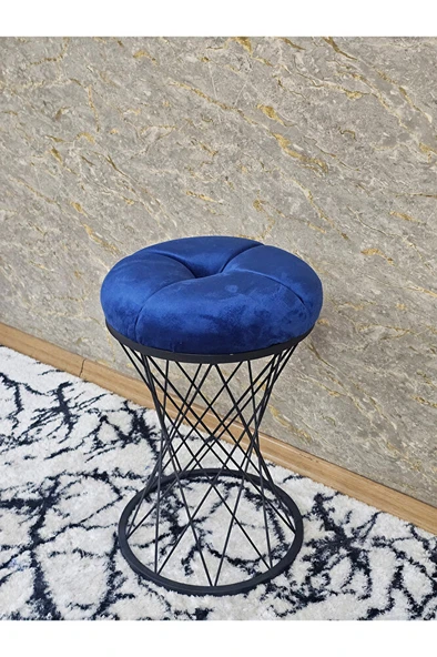 Yuvarlak Siyah Boyalı Puf Oturak - Bench - Ayak Ucu Oturak - Tabure - Makyaj Oturak Mavi Renk Yuvarlak Boyut/Ebat - Resim 3