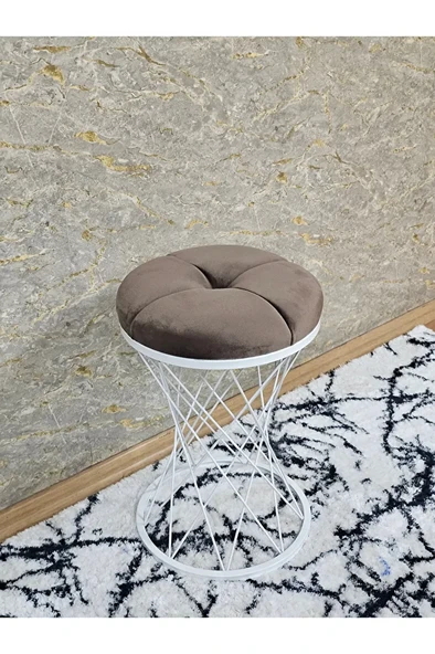 Yuvarlak Beyaz Boyalı Puf Oturak - Bench - Ayak Ucu Oturak - Beyaz Boyalı Tabure - Makyaj Oturak Kahverengi Renk Yuvarlak Boyut/Ebat - 2