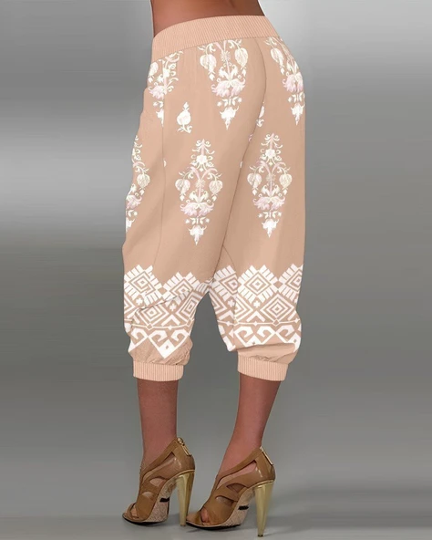 Kadın Beli Lastikli Etnik Desenli Kapri Süprem Pantolon - Resim 2