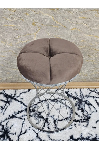 Yuvarlak Krom Kaplama Puf Oturak - Bench - Ayak Ucu Oturak - Tabure - Makyaj Oturak Kahverengi Renk Yuvarlak Boyut/Ebat - Resim 4