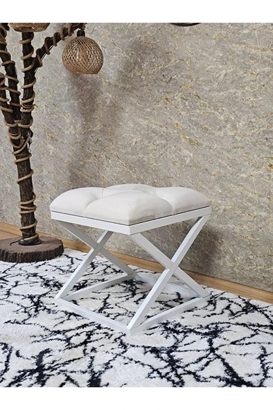 Beyaz Boyalı 45 cm x 45 cm Çaprazlı Puf Bench Oturak Krem Renk 45 x 45 Boyut/Ebat ürün görseli