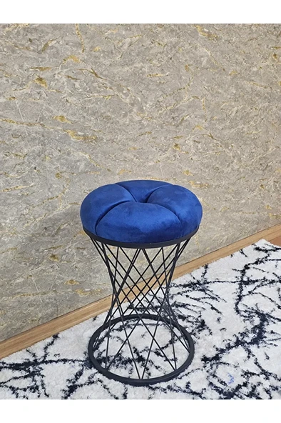 Yuvarlak Siyah Boyalı Puf Oturak - Bench - Ayak Ucu Oturak - Tabure - Makyaj Oturak Mavi Renk Yuvarlak Boyut/Ebat - Resim 2