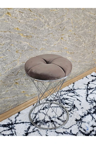 Yuvarlak Krom Kaplama Puf Oturak - Bench - Ayak Ucu Oturak - Tabure - Makyaj Oturak Kahverengi Renk Yuvarlak Boyut/Ebat - Resim 2