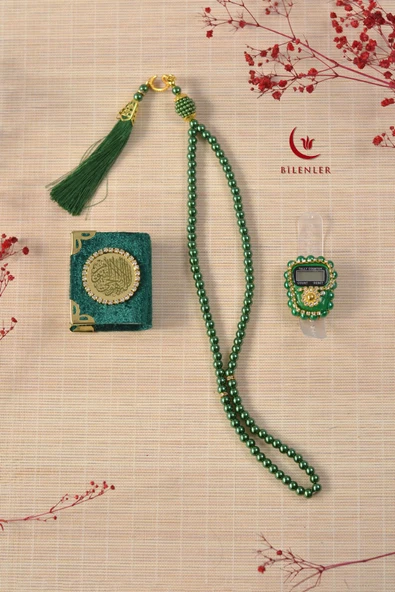 Hediyelik Kutulu Mini Kur'an İnci Tesbih ve Taşlı Zikirmatik Seti 1 Adet - Resim 2