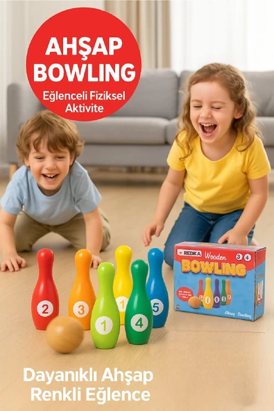 Çocuklar İçin Ahşap Bowling Seti ve Eğitici Ürün El Becersini Geliştirir Motor Beceri Katkı Sağlar