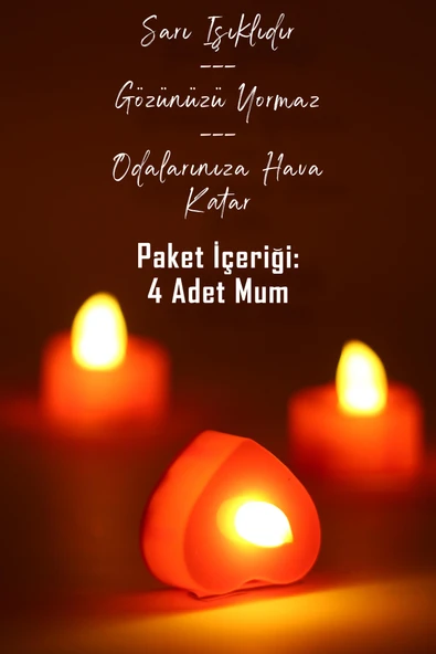 4 Adet Kalp Kırmızı Mini Led Mum Seti Pilli Dumansız Alevli Ledli Dekoratif Yapay Mum Dekor Işığı - 3