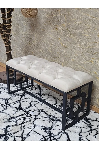 Siyah Boyalı İçi Kareli Diktörtgen 100 cm x 40 cm Oturak Puf - Bench - Makyaj Oturağı - Oturak Krem Renk 100 x 40 Boyut/Ebat - Resim 3