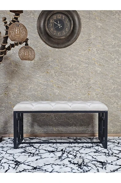 Siyah Boyalı İçi Kareli Diktörtgen 100 cm x 40 cm Oturak Puf - Bench - Makyaj Oturağı - Oturak Krem Renk 100 x 40 Boyut/Ebat - Resim 2