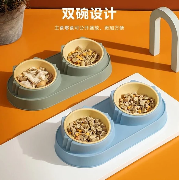 Süslüpati Yükseltilmiş Eğimli 2li Kedi Köpek Mama ve Su Kabı - Çiftli Mama Kabı Mavi - Resim 8