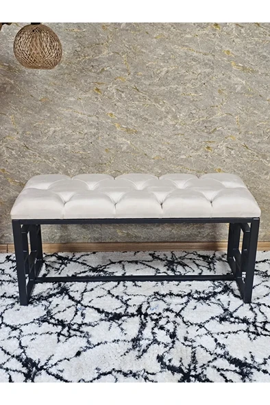 Siyah Boyalı İçi Kareli Diktörtgen 100 cm x 40 cm Oturak Puf - Bench - Makyaj Oturağı - Oturak Krem Renk 100 x 40 Boyut/Ebat - Resim 4